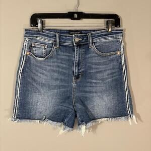 Judy Blue Shorts Womens L Blue Denim Cutoff Raw Hem Fringe Side Stripe Stretch